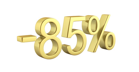 Gold text 85 percent off without shadow on white background with reflection 3D render