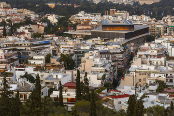 Acropolis museum and view of the city of Athens, Greece. 
