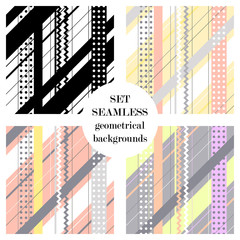 Set of seamless vector geometrical patterns. Endless backgrounds with lines, dots, stripes, zig zag, diagonal. Graphic illustration. Print for cover, fabric, wrapping, web background.