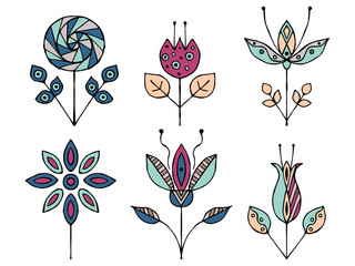 Panele Szklane  Zestaw wektor ręcznie rysowane dekoracyjne stylizowane kwiaty dziecinne. Doodle styl, graficzna ilustracja. Ozdobne ładny rysunek w kolorach różowym, niebieskim. Seria doodle, kreskówki, szkic ilustracji.