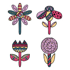 Set of vector hand drawn decorative stylized childish flowers. Doodle style, graphic illustration. Ornamental cute hand drawing in pink, blue colors. Series of doodle, cartoon, sketch illustrations.