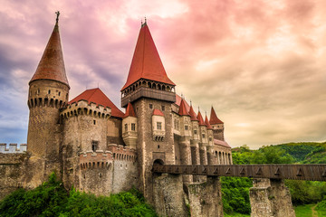 Fototapeta na wymiar Beautiful panorama of Hunyadi Corvin castle in Hunedoara, Romania. Discover Romania concept.