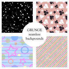 Set of seamless vector abstract grunge patterns, different backgrounds with stars, circle, lines, crancle, icons of playings cards Grungy texture with attrition, cracks ambrosia Old style design