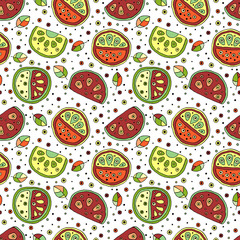 Seamless vector hand drawn childish pattern with fruits. Cute childlike watermelon with leaves, seeds, drops. Doodle, sketch, cartoon style background. Line drawing Endless repeat swatch