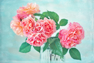 Delicate beautiful roses from a garden in a glass vase on a blue background. 