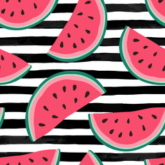 Seamless background with watermelon slices on black and white watercolor stripes. Vector illustration.