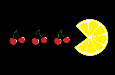 Fruit. Lemon and cherry on a black background