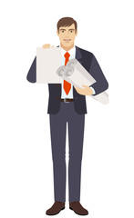 Businessman holding the project plans and showing paper