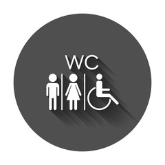 WC, toilet flat vector icon . Men and women sign for restroom with long shadow.
