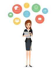 business woman using a tablet to communication. illustration vector of people design.