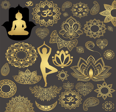 
Indian style. Gold set Buddhism. Mandala, buddha.