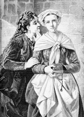 Other ways of sinning, two very different girls - engraving from XIX century