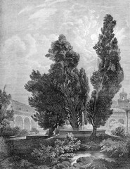Typical Italian landscape:cloister loggia, church, fountain and beautiful cypresses - engraving from XIX century