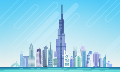 Obraz premium Dubai City Skyscraper Zobacz panoramę miasta tle panoramę z ilustracji wektorowych płaskie miejsce kopiowania