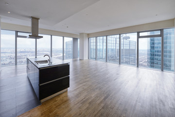 Modern interior in a new luxury house with panoramic windows.