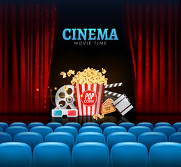 Movie cinema premiere poster design. Vector template banner for show with curtains, seats, popcorn, tickets