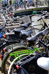 tangle of bikes in bicycle rack in Amsterdam