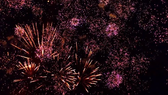 Aerial footage of fireworks explosions at night