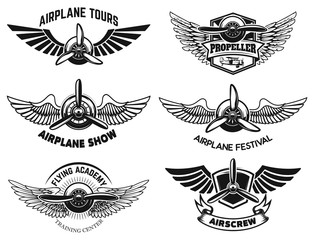 Set of airplane show labels. Emblems with wings and propellers. Vector design elements © liubov