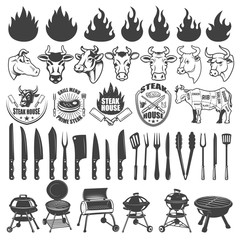 Set of BBQ and Grill labels and design elements. Bull and cow heads, butcher tools, grills, fire icons. Design elements for logo, label, badge, emblem, sign, menu, poster.