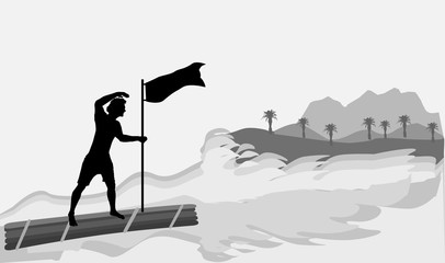 Man on a wooden raft approaching the island. Black silhouette of a boy with flag and gray island with mountains and palm trees