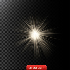 Vector illustration of a glowing light effect with rays and lens flares isolated on a dark translucent background
