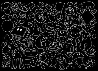 Abstarct funny cartoon doodle illustration with lots of different fantasy creatures