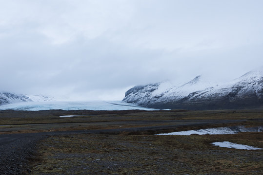 Dark view on Vatnajokull glacier in winter Iceland 