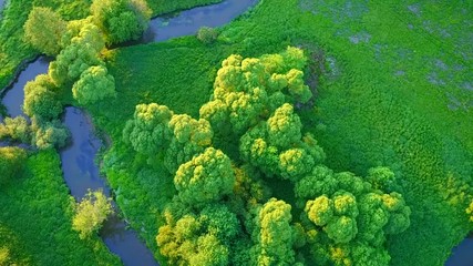 Aerial flight over river valley in beautiful sunset light