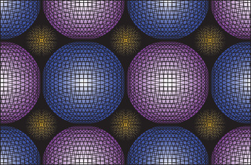 Blue and purple orbs, in line art matrix.