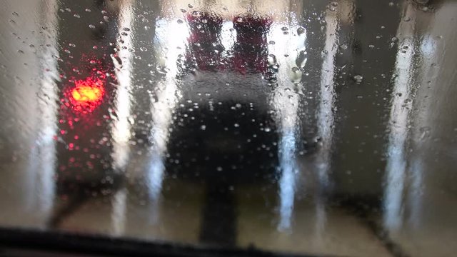 View from car at automatic car wash. Inside view from car. 