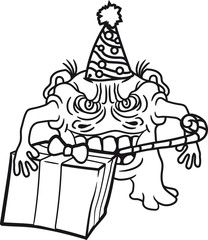 geburtstag geschenke tröte hut party feiern monster klein frech böse horror comic cartoon