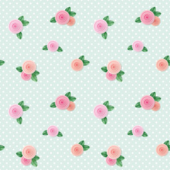 Vintage seamless pattern with roses on polka dots background.