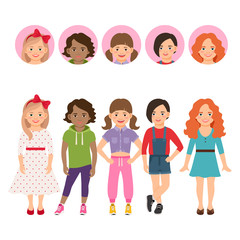 Teenage girls with avatar icons set