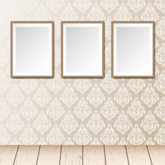 Gallery interior with 3 empty frames background. Vintage victorian pattern and wooden floor. Can be used as mock up. Blank canvas.