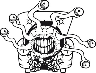 gamer zocken sessel konsole headset controller spielen nerd geek tentakel augen hässlich monster böse gefährlich gefräßig horror halloween grinsen