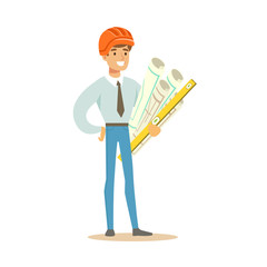 Smiling architect in orange helmet holding project blueprints rolls and ruler colorful character vector Illustration