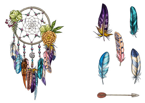 Hand drawn ornate Dreamcatcher with feathers, gemstones and arrow. Card with art, astrology, spirituality, magic symbol. Ethnic tribal element