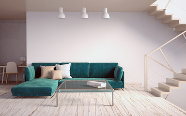 Mock up wall in interior with stairs and sofa. living room hipster style. 3d illustration