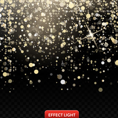 Vector illustration of a falling shiny golden glitters, confetti on a black background. Element of design with a texture of falling golden sequins, foil