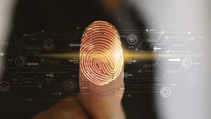 Fotobehang Businessman login with fingerprint scanning technology. fingerprint to identify personal, security system concept © fgnopporn