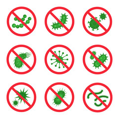 Antibacterial icon set, crossed symbol