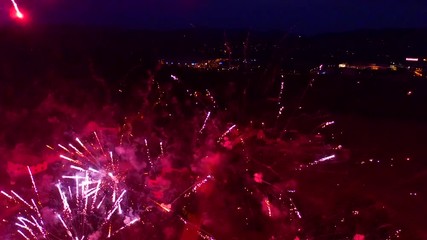 Aerial footage of fireworks explosions at night