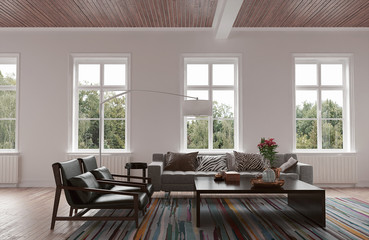 Scandinavian living room interior with couch