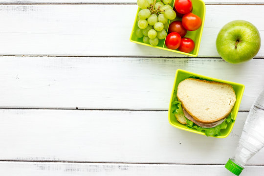 Take Away With Lunchbox And Fresh Food On White Background Top View Space For Text