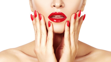 Red lips and bright manicured nails. Sexy open mouth. Beautiful manicure and makeup. Celebrate make...