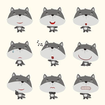 Set funny wolf in different poses. Collection isolated wolf in cartoon style for design children holiday or goods.