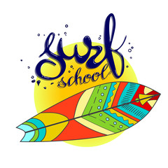 Surfing school logo, emblem or label design template with surf board