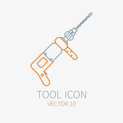 Line working color electric drill for construction, building and home repair icon. Vector illustration. Element for design. Hand work tool. Industrial cartoon style. Pictogram. Service. Equipment.