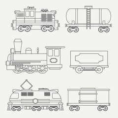 Line modern and vintage trains with cargo wagons and tank icons set. Steam, diesel and electric locomotives. Vector. Cartoon style. Illustration and element for your design. Railway. Wagon. Retro.